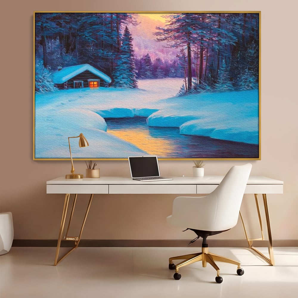 Tablou canvas cu pictura cu cabana inzapezita si parau, in rama de aluminiu auriu, pe perete intr-un birou